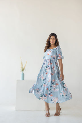 Sky blue floral cotton maxi dress, perfect for summer styling.