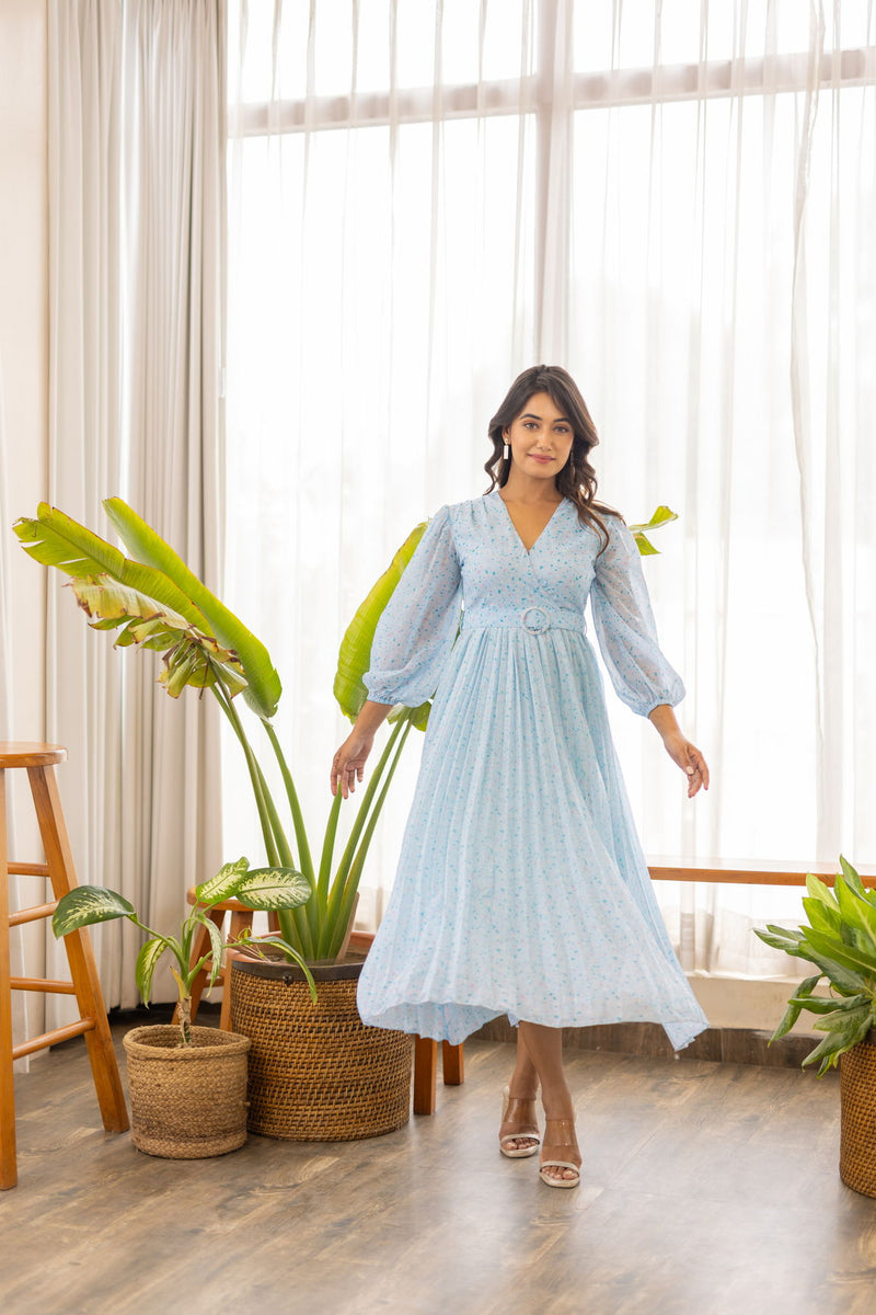 【新品】Pleated Open Shirt Dress sky Buy Online FOCUS by Shani — Pleated Georgette Midi Shirt