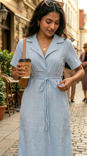 SKY BREEZE TIE WAIST COTTON DENIM DRESS