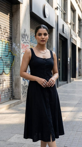 BLACK SLEEVELESS COTTON DENIM MAXI