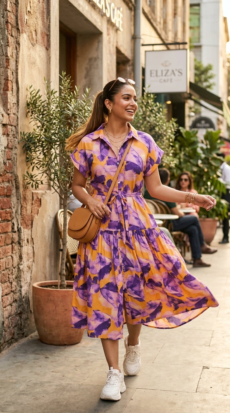 purple shirt dress Amethyst Violet Linen No stretch Women Satin Flower Print Dresses