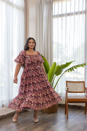 Wine belted floral maxi dress from Polago Plus, perfect for any occasion.