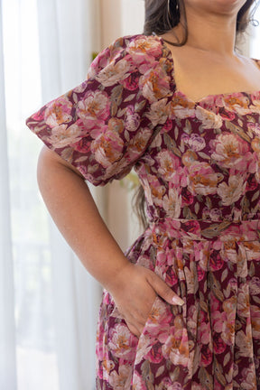 WINE BELTED FLORAL MAXI DRESS by Polago Plus with elegant floral design.