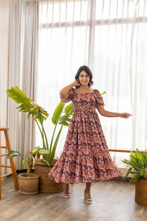 WINE FLORAL BELTED MAXI - Main Image