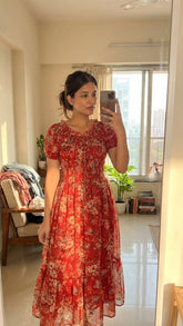 RED FLORAL SMOCKED MAXI