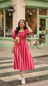 PINK STRIPED COTTON SMOCKED MAXI