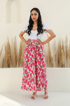 Floral pleated co-ord set with pink roses, ideal for summer styling.