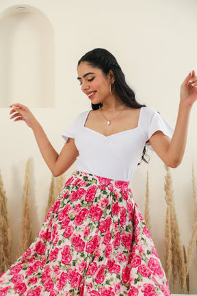 Floral pleated co-ord with a stylish top and vibrant skirt.