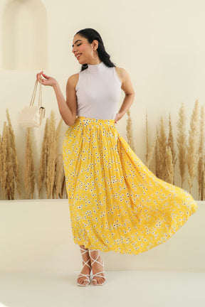 Floral co-ord set with yellow skirt and stylish top.