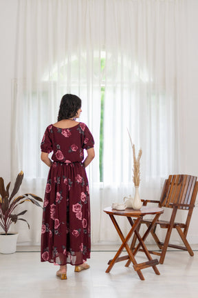 Wine floral co-ord dress, elegant summer outfit, model in bright interior.