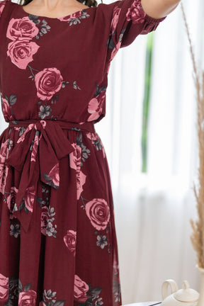 Wine floral co-ord dress with elegant rose pattern and tied waist.