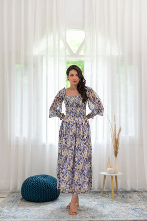 Smocked co-ord set in floral design, styled in natural light.