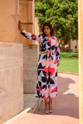 Model showcasing MOSAIC CO-ORD SET in vibrant floral patterns.