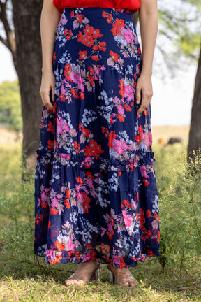 Red and blue floral co-ord skirt for stylish summer outfits.
