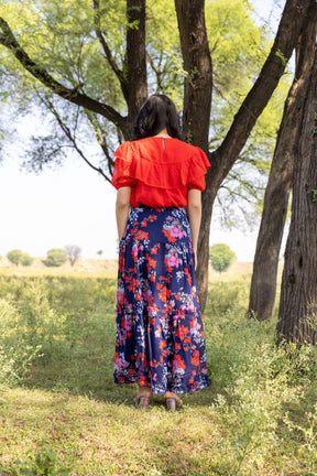 Stylish red and blue floral co-ord set for women.