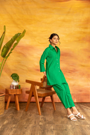 Stylish green shamrock co-ord set for fashionable women.
