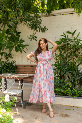 WHITE FLORAL BELTED MAXI