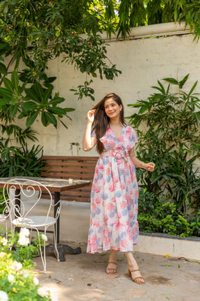 WHITE FLORAL BELTED MAXI