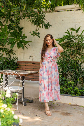 WHITE FLORAL BELTED MAXI