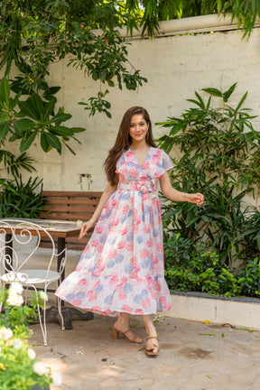 WHITE FLORAL BELTED MAXI